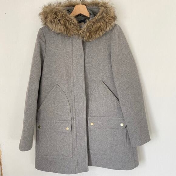 J-Crew Gray Wool Blend Parka Coat Jacket w/ Hood & Removable Fur Detail - 2 - Picture 1 of 11
